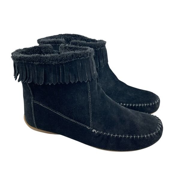 Sporto Gianna Ankle Booties 9.5 W Black Suede Leather Fringe Moccasin Faux Fur - Picture 1 of 11